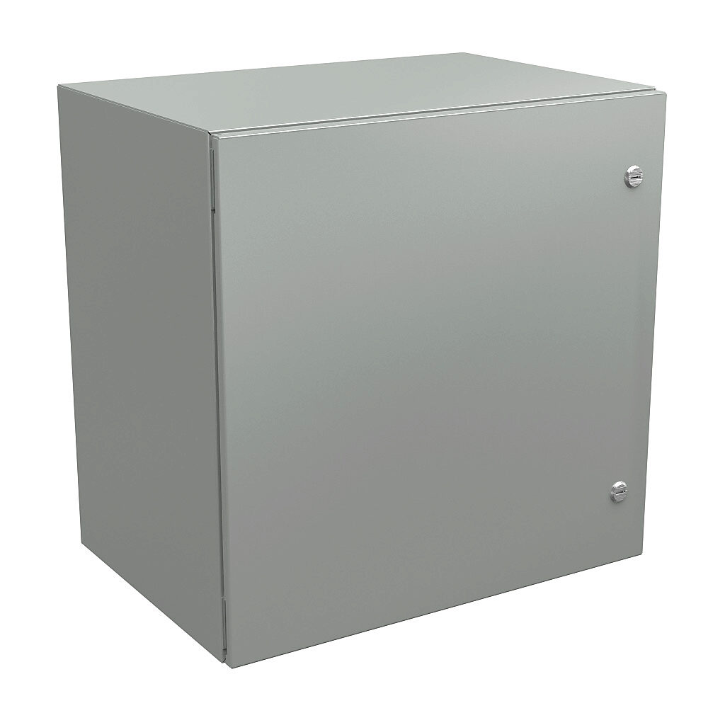N412242416CLG - Wiegmann Ultimate series enclosure, NEMA 4/12/13, 24 x 24 x 16in (HxWxD), wall mount, carbon steel, RAL 7035 light gray, powder coat finish, single-door, 1/4-turn semi-flush oil-tight latch.