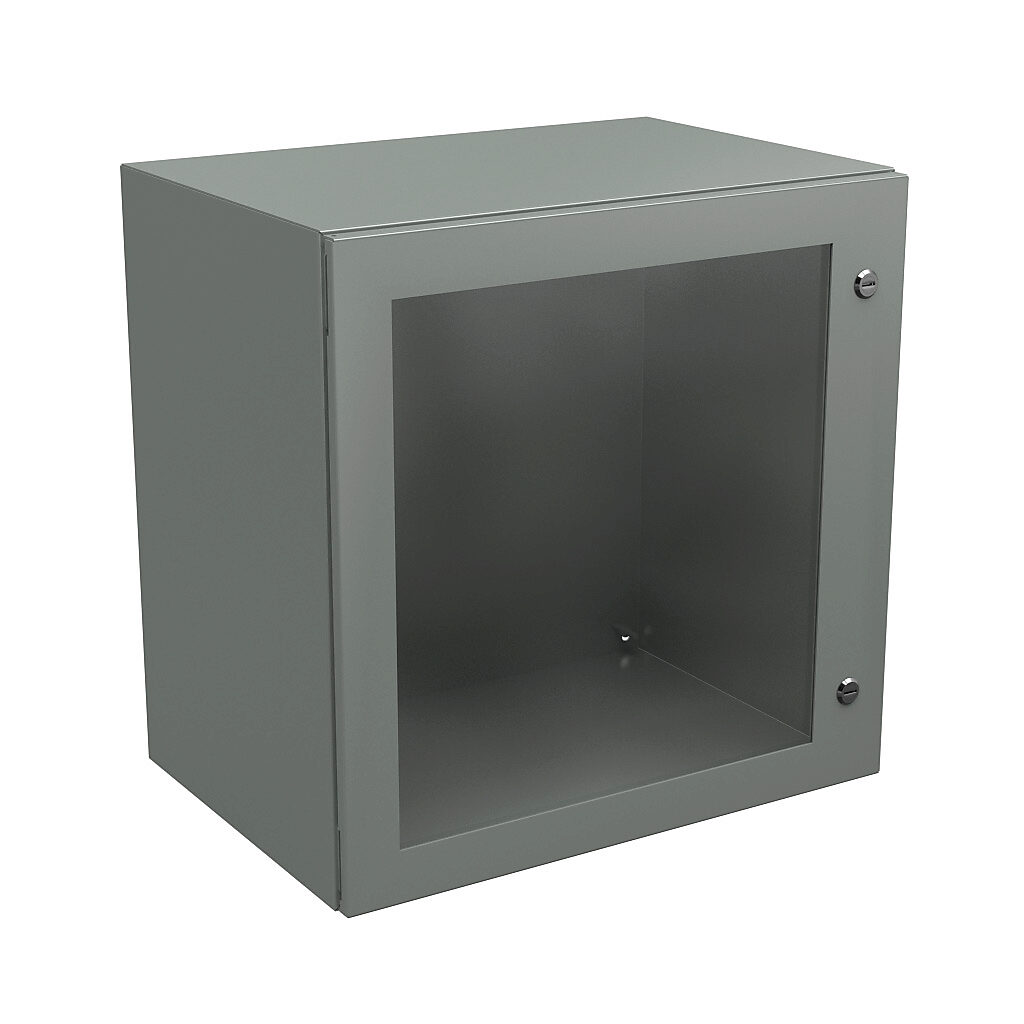 N412242416WC - Wiegmann Ultimate series enclosure, NEMA 4/12/13, 24 x 24 x 16in (HxWxD), wall mount, carbon steel, ANSI 61 gray, powder coat finish, single-door, 1/4-turn semi-flush oil-tight latch, polycarbonate window.