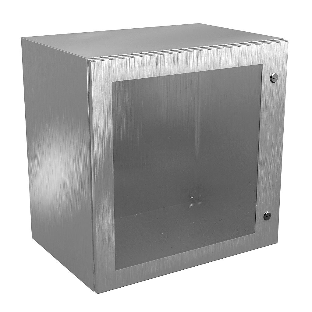 N412242416WSSC - Wiegmann Ultimate series enclosure, NEMA 4/4X/12/13, 24 x 24 x 16in (HxWxD), wall mount, 304 stainless steel, No. 3 intermediate polished finish, single-door, 1/4-turn semi-flush oil-tight latch, polycarbonate window.