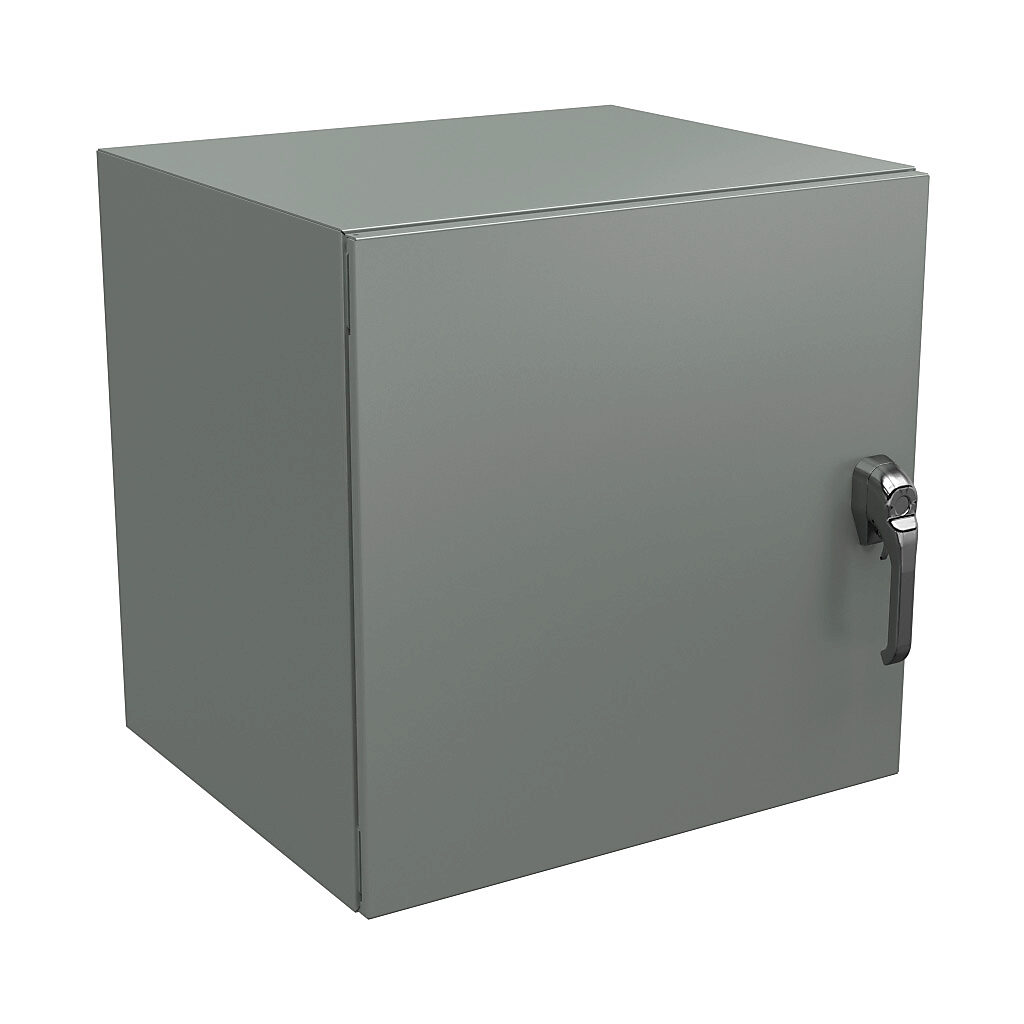 N4122424203PTC - Wiegmann Ultimate series enclosure, NEMA 4/12/13, 24 x 24 x 20in (HxWxD), wall mount, carbon steel, ANSI 61 gray, powder coat finish, single-door, 3-point keylocking/padlocking combo handle, handle hasp.