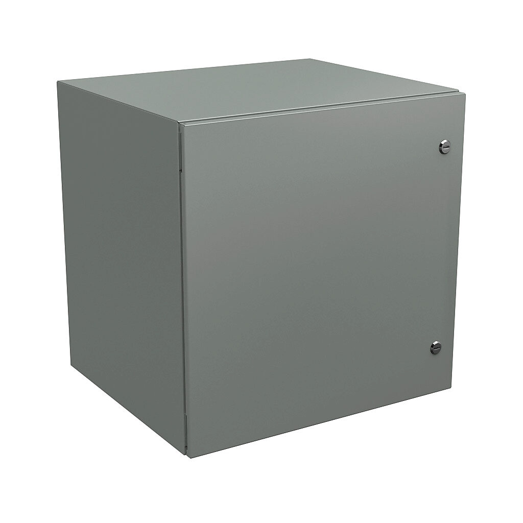 N412242420C - Wiegmann Ultimate series enclosure, NEMA 4/12/13, 24 x 24 x 20in (HxWxD), wall mount, carbon steel, ANSI 61 gray, powder coat finish, single-door, 1/4-turn semi-flush oil-tight latch.