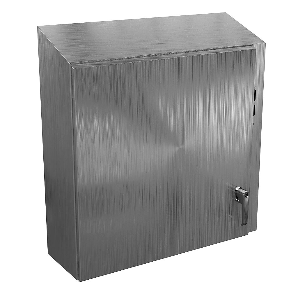 N412242608CSSSTD - Wiegmann Ultimate series disconnect enclosure, slope top, NEMA 4/4X/12/13, right flange, 24 x 26 x 8in (HxWxD), wall mount, 304 stainless steel, No. 3 intermediate polished finish, single-door, 2-point padlocking handle, purchas...