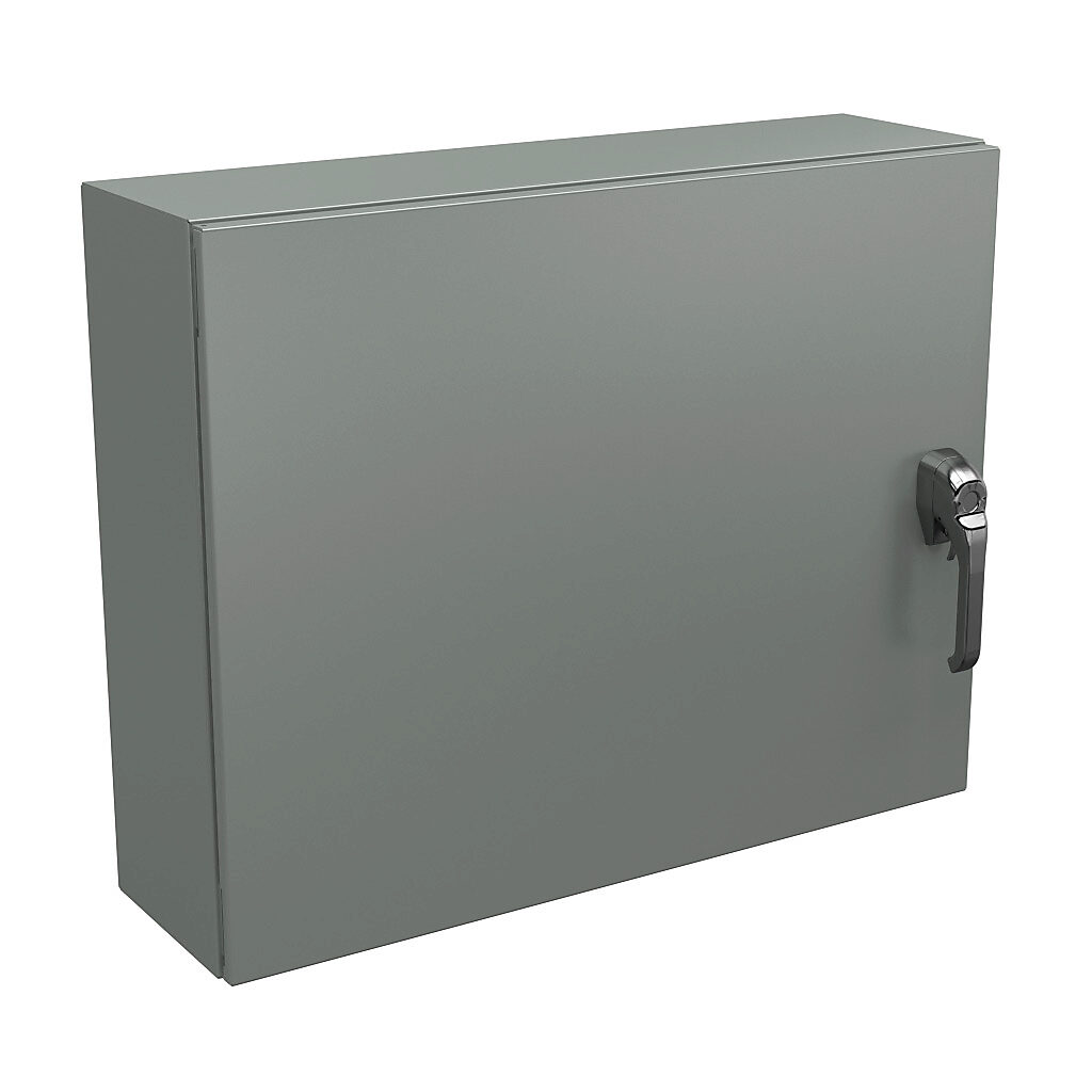 N4122430083PTC - Wiegmann Ultimate series enclosure, NEMA 4/12/13, 24 x 30 x 8in (HxWxD), wall mount, carbon steel, ANSI 61 gray, powder coat finish, single-door, 3-point keylocking/padlocking combo handle.