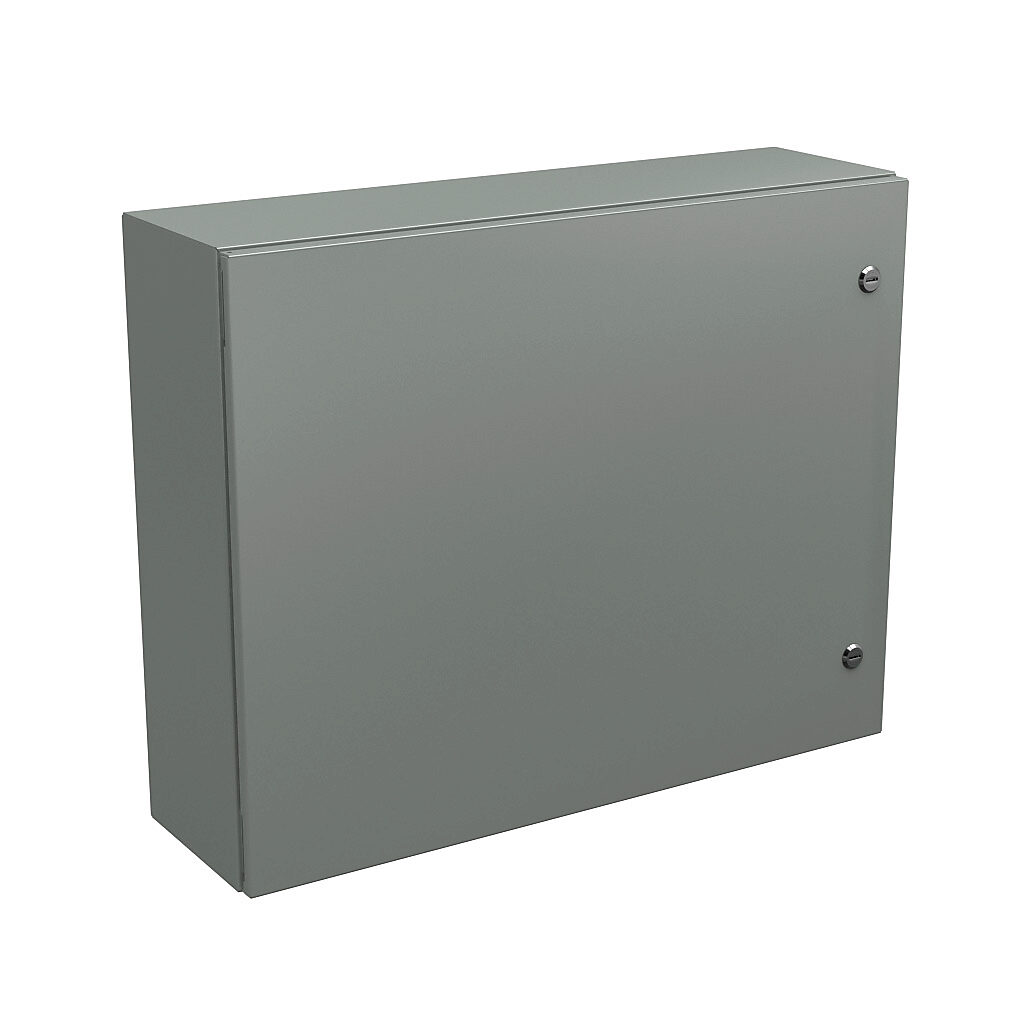 N412243008C - Wiegmann Ultimate series enclosure, NEMA 4/12/13, 24 x 30 x 8in (HxWxD), wall mount, carbon steel, ANSI 61 gray, powder coat finish, single-door, 1/4-turn semi-flush oil-tight latch.