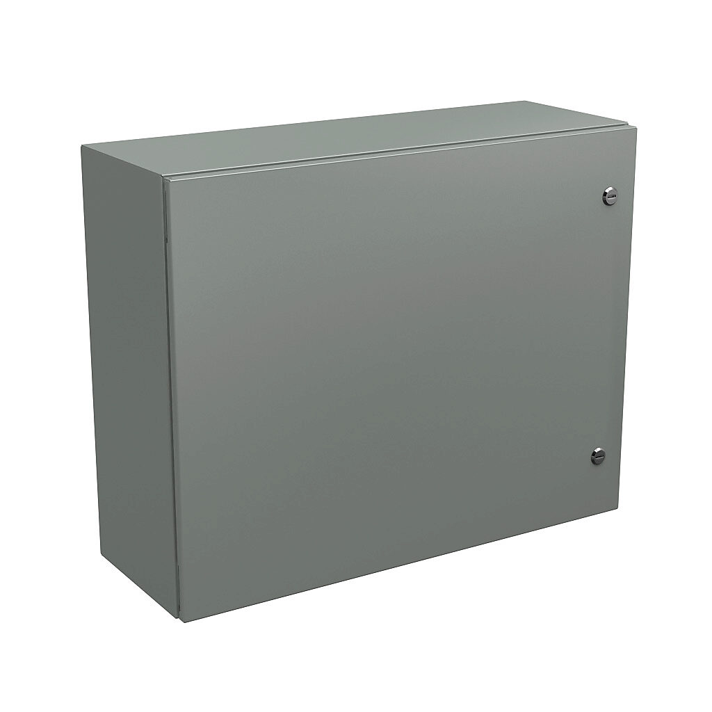 N412243010C - Wiegmann Ultimate series enclosure, NEMA 4/12/13, 24 x 30 x 10in (HxWxD), wall mount, carbon steel, ANSI 61 gray, powder coat finish, single-door, 1/4-turn semi-flush oil-tight latch.