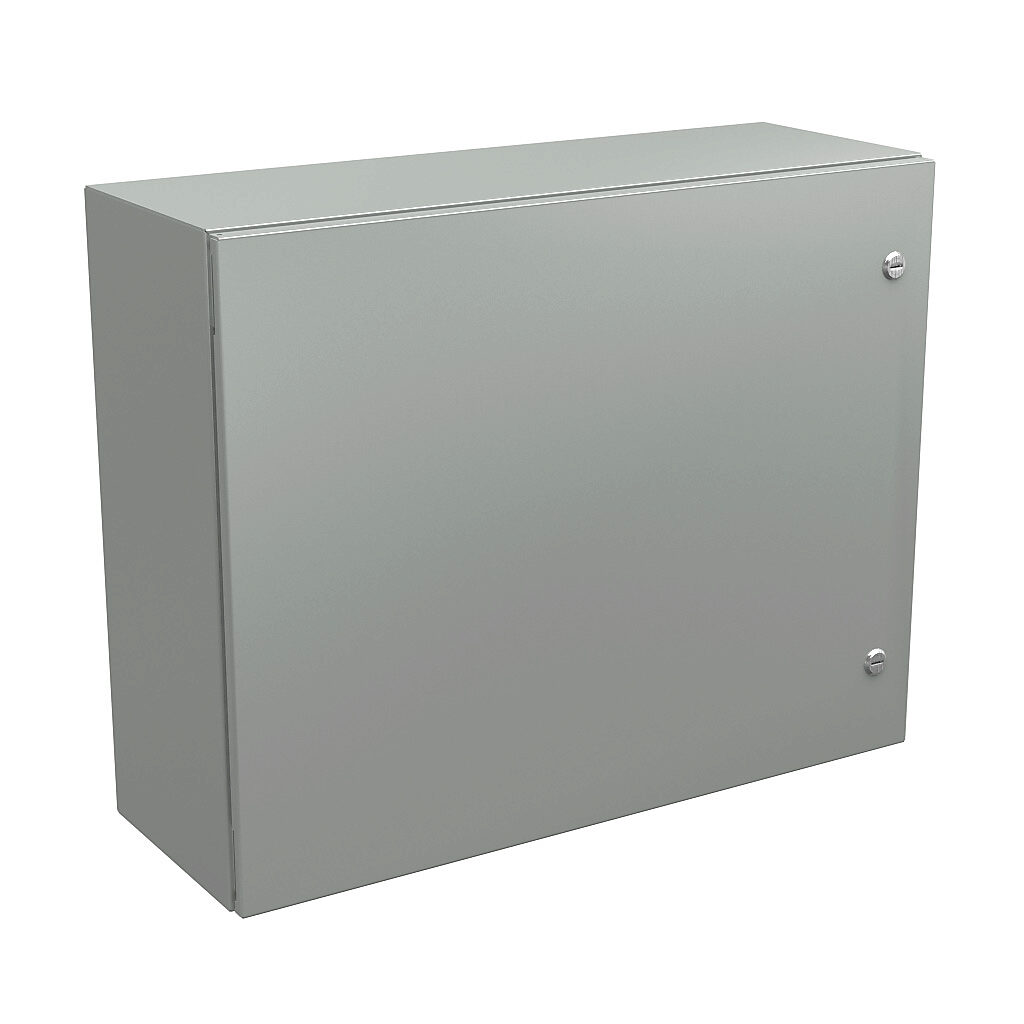 N412243010CLG - Wiegmann Ultimate series enclosure, NEMA 4/12/13, 24 x 30 x 10in (HxWxD), wall mount, carbon steel, RAL 7035 light gray, powder coat finish, single-door, 1/4-turn semi-flush oil-tight latch.