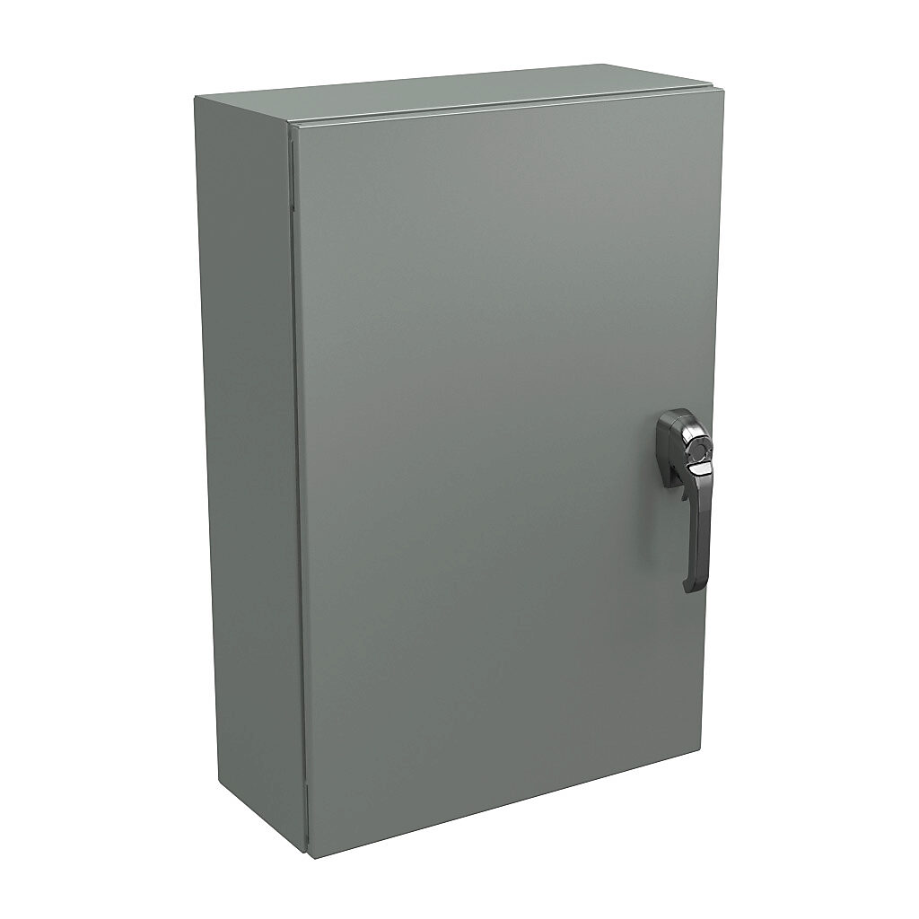 N4123020083PTC - Wiegmann Ultimate series enclosure, NEMA 4/12/13, 30 x 20 x 8in (HxWxD), wall mount, carbon steel, ANSI 61 gray, powder coat finish, single-door, 3-point keylocking/padlocking combo handle, handle hasp.