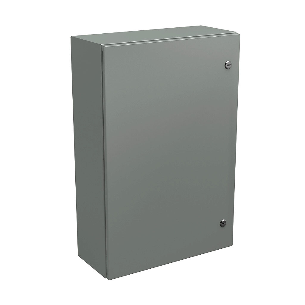 N412302008C - Wiegmann Ultimate series enclosure, NEMA 4/12/13, 30 x 20 x 8in (HxWxD), wall mount, carbon steel, ANSI 61 gray, powder coat finish, single-door, 1/4-turn semi-flush oil-tight latch.