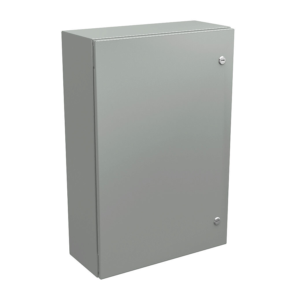 N412302008CLG - Wiegmann Ultimate series enclosure, NEMA 4/12/13, 30 x 20 x 8in (HxWxD), wall mount, carbon steel, RAL 7035 light gray, powder coat finish, single-door, 1/4-turn semi-flush oil-tight latch.