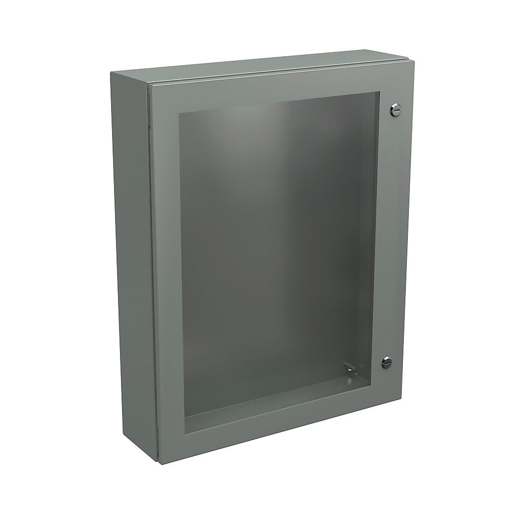 N412302406WC - Wiegmann Ultimate series enclosure, NEMA 4/12/13, 30 x 24 x 6in (HxWxD), wall mount, carbon steel, ANSI 61 gray, powder coat finish, single-door, 1/4-turn semi-flush oil-tight latch, polycarbonate window.