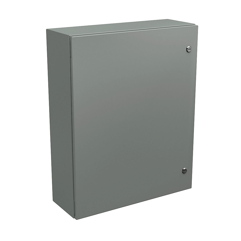 N412302408C - Wiegmann Ultimate series enclosure, NEMA 4/12/13, 30 x 24 x 8in (HxWxD), wall mount, carbon steel, ANSI 61 gray, powder coat finish, single-door, 1/4-turn semi-flush oil-tight latch.