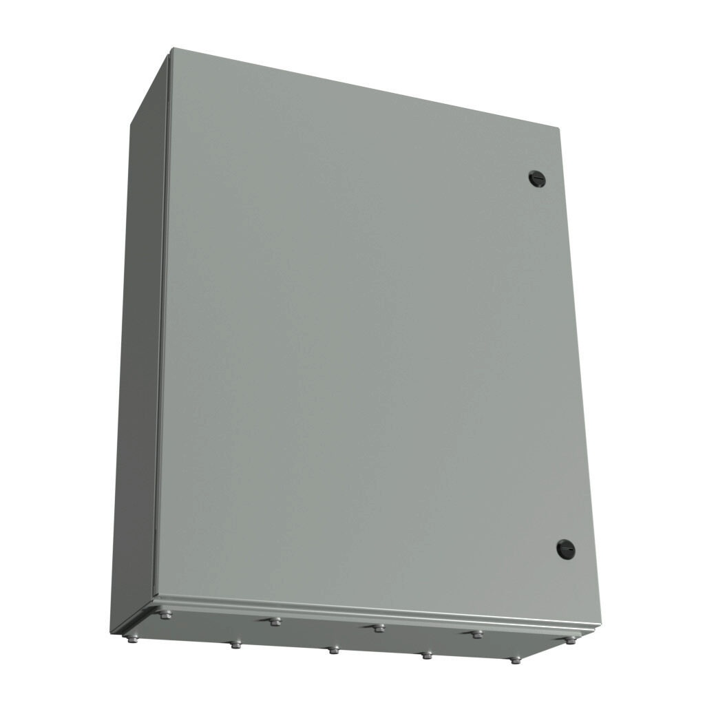 N412302408CGP - Wiegmann Ultimate series enclosure, NEMA 3R/4/12/13, 30 x 24 x 8in (HxWxD), wall mount, bottom gland plate, carbon steel, ANSI 61 gray, powder coat finish, single-door, 1/4-turn semi-flush oil-tight latch.