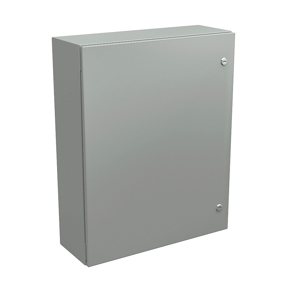 N412302408CLG - Wiegmann Ultimate series enclosure, NEMA 4/12/13, 30 x 24 x 8in (HxWxD), wall mount, carbon steel, RAL 7035 light gray, powder coat finish, single-door, 1/4-turn semi-flush oil-tight latch.