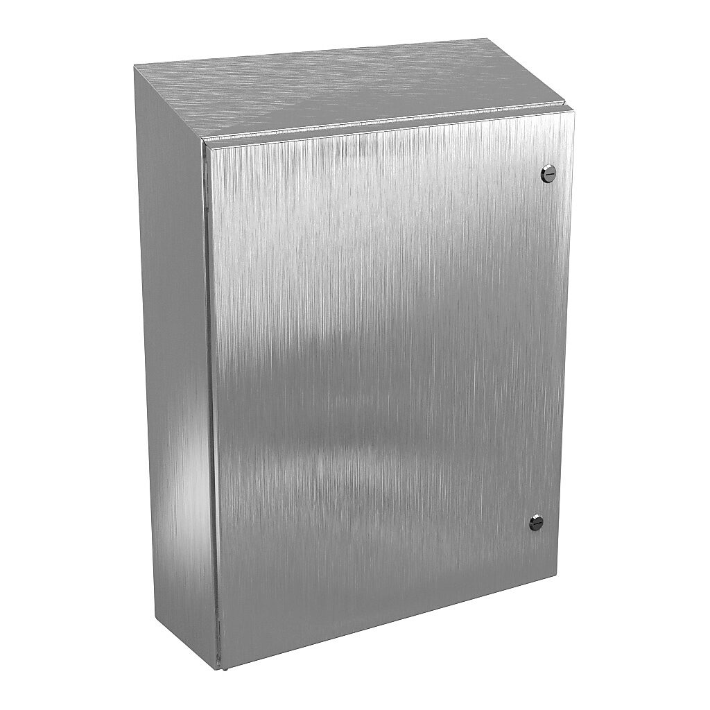 N412302408CSSST - Wiegmann Ultimate series enclosure, slope top, NEMA 4/4X/12/13, 30 x 24 x 8in (HxWxD), wall mount, 304 stainless steel, No. 3 intermediate polished finish, single-door, 1/4-turn semi-flush oil-tight latch.
