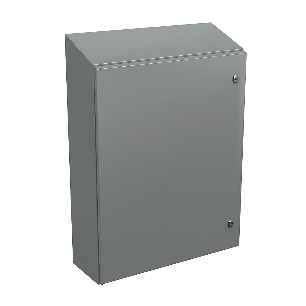 N412302408CST - Wiegmann Ultimate series enclosure, slope top, NEMA 4/12/13, 30 x 24 x 8in (HxWxD), wall mount, carbon steel, ANSI 61 gray, powder coat finish, single-door, 1/4-turn semi-flush oil-tight latch.