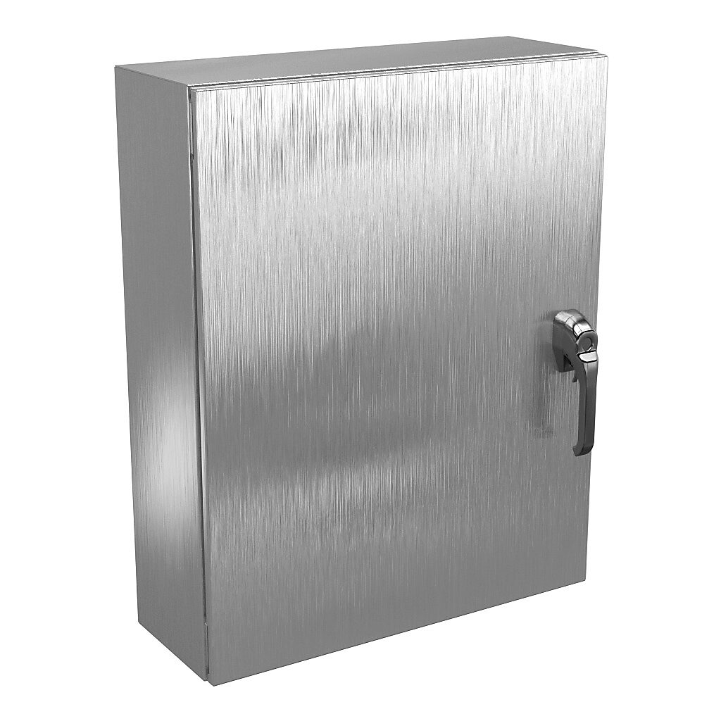 N412302408SS3PTC - Wiegmann Ultimate series enclosure, NEMA 4X/12/13, 30 x 24 x 8in (HxWxD), wall mount, 304 stainless steel, No. 3 intermediate polished finish, single-door, 3-point 316L padlocking handle, handle hasp.