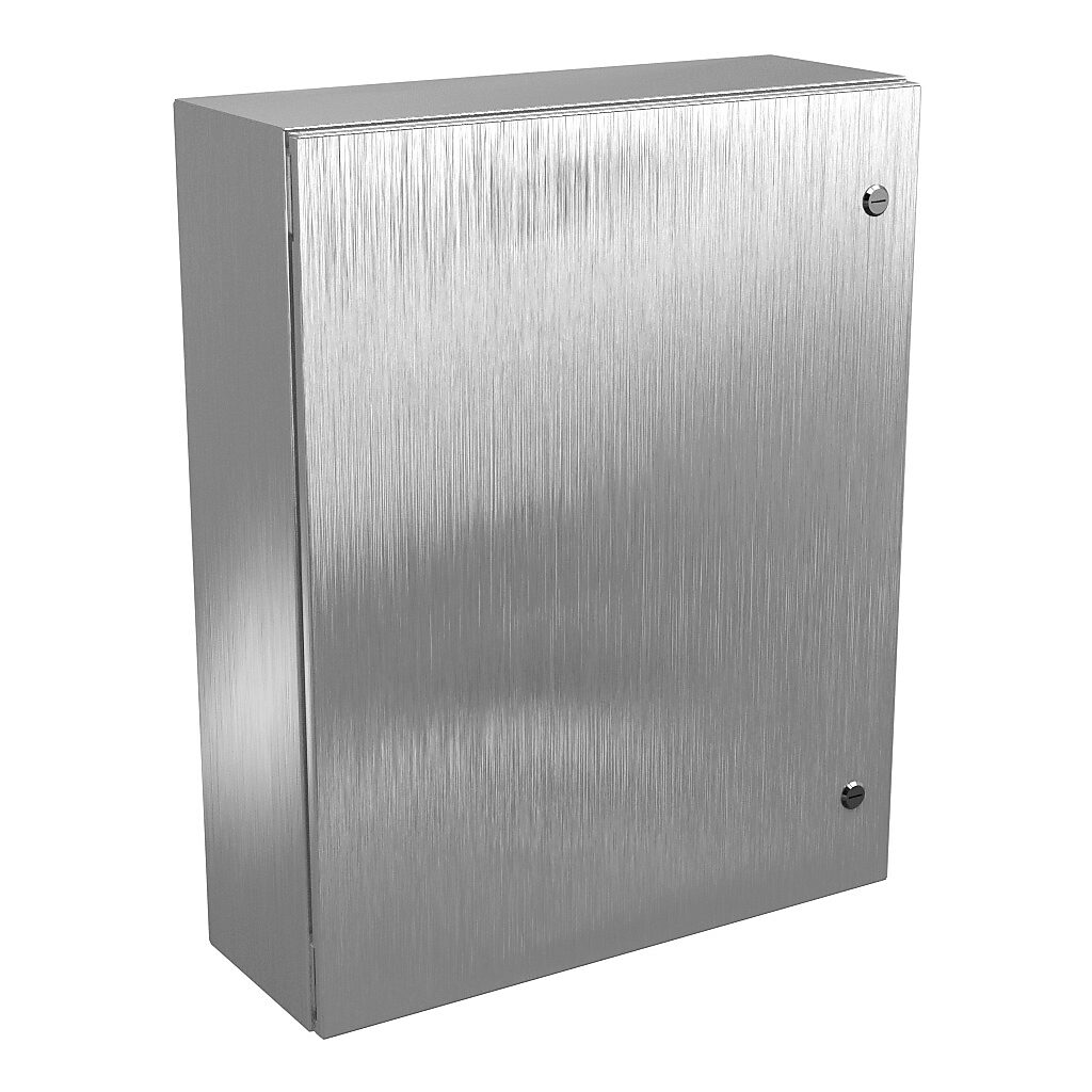 N412302408SSC - Wiegmann Ultimate series enclosure, NEMA 4/4X/12/13, 30 x 24 x 8in (HxWxD), wall mount, 304 stainless steel, No. 3 intermediate polished finish, single-door, 1/4-turn semi-flush oil-tight latch.