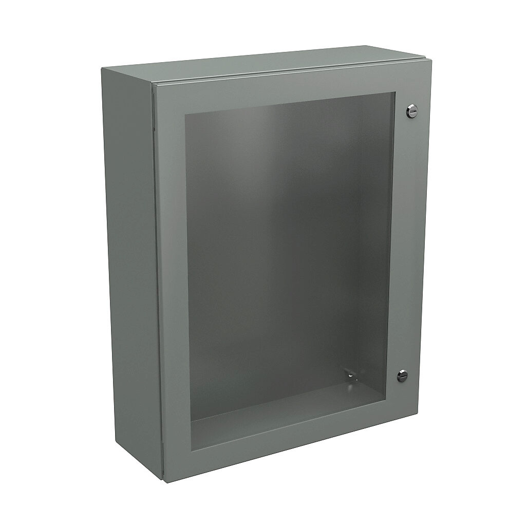 N412302408WC - Wiegmann Ultimate series enclosure, NEMA 4/12/13, 30 x 24 x 8in (HxWxD), wall mount, carbon steel, ANSI 61 gray, powder coat finish, single-door, 1/4-turn semi-flush oil-tight latch, polycarbonate window.