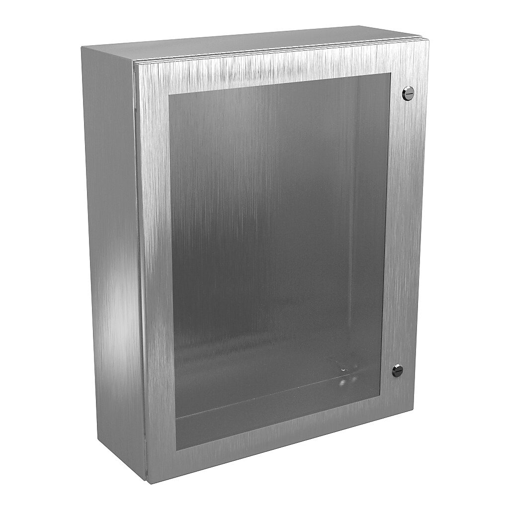 N412302408WSSC - Wiegmann Ultimate series enclosure, NEMA 4/4X/12/13, 30 x 24 x 8in (HxWxD), wall mount, 304 stainless steel, No. 3 intermediate polished finish, single-door, 1/4-turn semi-flush oil-tight latch, polycarbonate window.