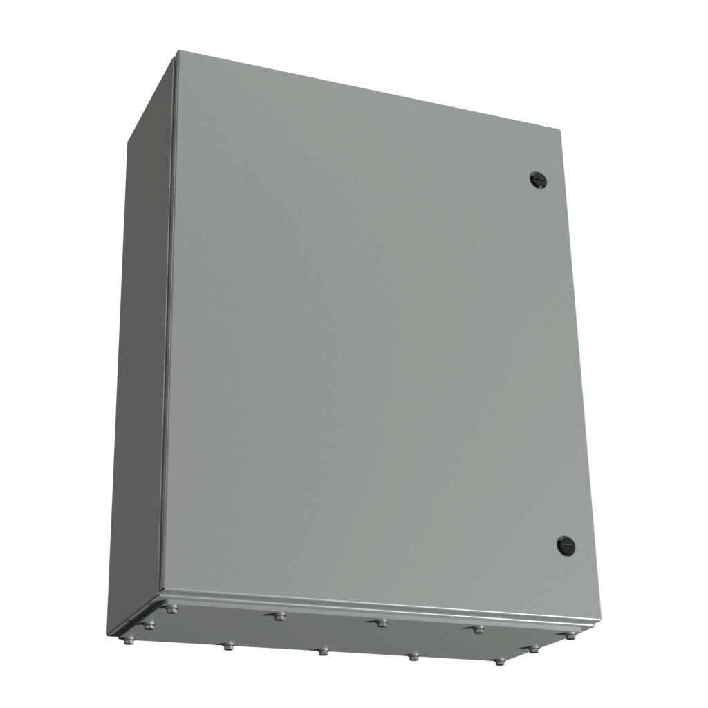 N412302410CGP - Wiegmann Ultimate series enclosure, NEMA 3R/4/12/13, 30 x 24 x 10in (HxWxD), wall mount, bottom gland plate, carbon steel, ANSI 61 gray, powder coat finish, single-door, 1/4-turn semi-flush oil-tight latch.