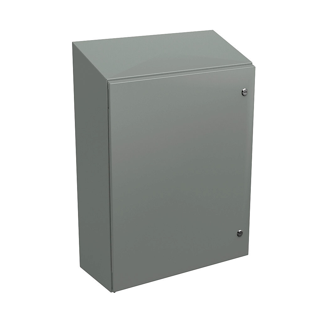 N412302410CST - Wiegmann Ultimate series enclosure, slope top, NEMA 4/12/13, 30 x 24 x 10in (HxWxD), wall mount, carbon steel, ANSI 61 gray, powder coat finish, single-door, 1/4-turn semi-flush oil-tight latch.