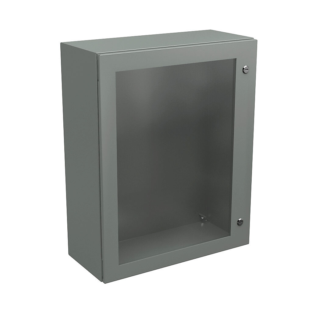 N412302410WC - Wiegmann Ultimate series enclosure, NEMA 4/12/13, 30 x 24 x 10in (HxWxD), wall mount, carbon steel, ANSI 61 gray, powder coat finish, single-door, 1/4-turn semi-flush oil-tight latch, polycarbonate window.