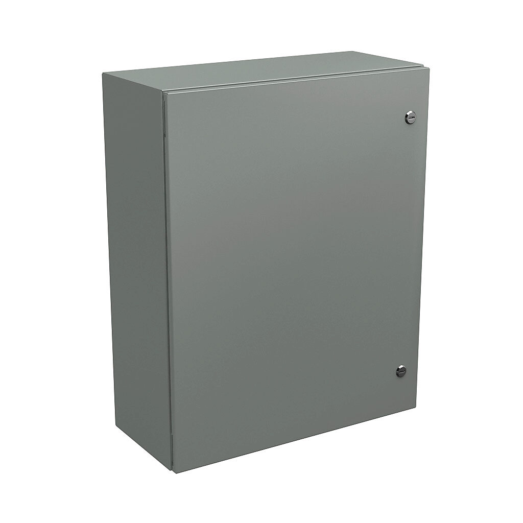 N412302412C - Wiegmann Ultimate series enclosure, NEMA 4/12/13, 30 x 24 x 12in (HxWxD), wall mount, carbon steel, ANSI 61 gray, powder coat finish, single-door, 1/4-turn semi-flush oil-tight latch.