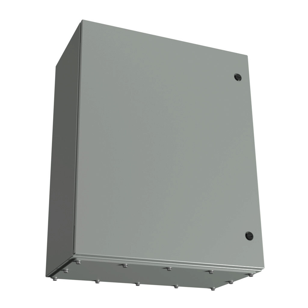 N412302412CGP - Wiegmann Ultimate series enclosure, NEMA 3R/4/12/13, 30 x 24 x 12in (HxWxD), wall mount, bottom gland plate, carbon steel, ANSI 61 gray, powder coat finish, single-door, 1/4-turn semi-flush oil-tight latch.