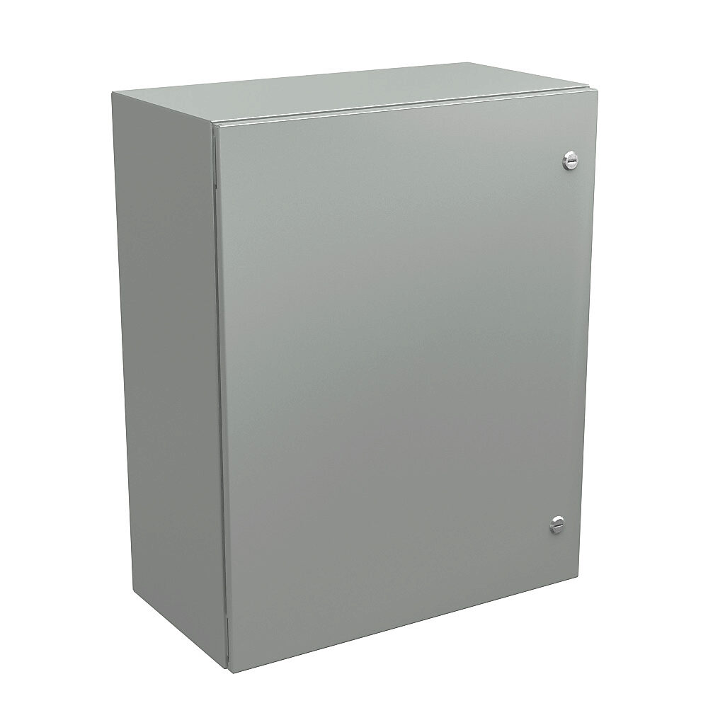 N412302412CLG - Wiegmann Ultimate series enclosure, NEMA 4/12/13, 30 x 24 x 12in (HxWxD), wall mount, carbon steel, RAL 7035 light gray, powder coat finish, single-door, 1/4-turn semi-flush oil-tight latch.
