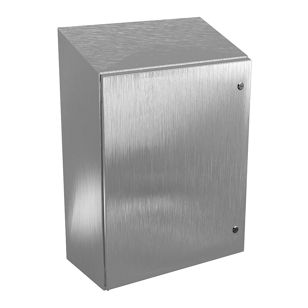 N412302412CSSST - Wiegmann Ultimate series enclosure, slope top, NEMA 4/4X/12/13, 30 x 24 x 12in (HxWxD), wall mount, 304 stainless steel, No. 3 intermediate polished finish, single-door, 1/4-turn semi-flush oil-tight latch.
