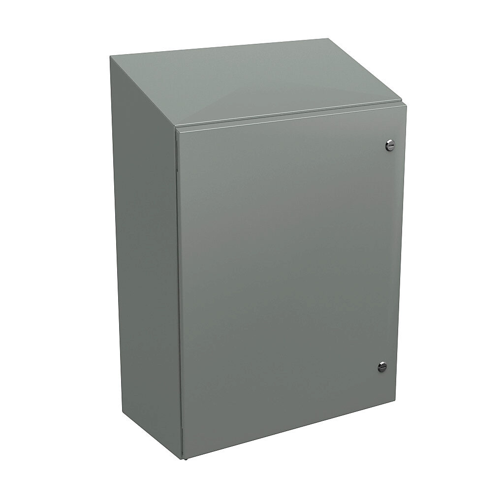 N412302412CST - Wiegmann Ultimate series enclosure, slope top, NEMA 4/12/13, 30 x 24 x 12in (HxWxD), wall mount, carbon steel, ANSI 61 gray, powder coat finish, single-door, 1/4-turn semi-flush oil-tight latch.