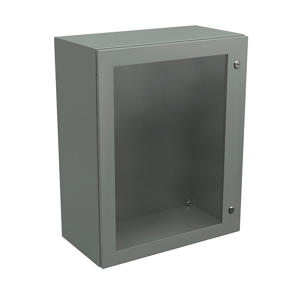 N412302412WC - Wiegmann Ultimate series enclosure, NEMA 4/12/13, 30 x 24 x 12in (HxWxD), wall mount, carbon steel, ANSI 61 gray, powder coat finish, single-door, 1/4-turn semi-flush oil-tight latch, polycarbonate window.