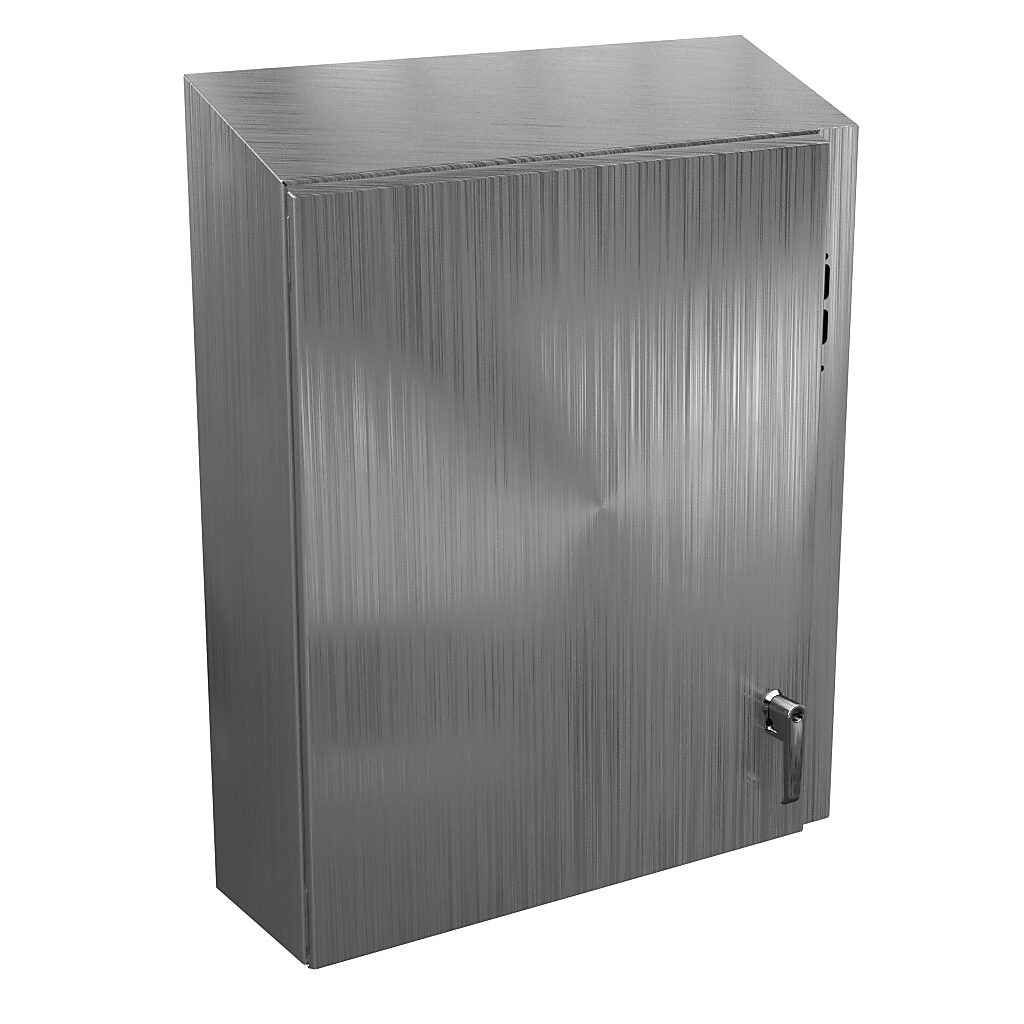 N412302608CSSSTD - Wiegmann Ultimate series disconnect enclosure, slope top, NEMA 4/4X/12/13, right flange, 30 x 26 x 8in (HxWxD), wall mount, 304 stainless steel, No. 3 intermediate polished finish, single-door, 2-point padlocking handle, purchas...