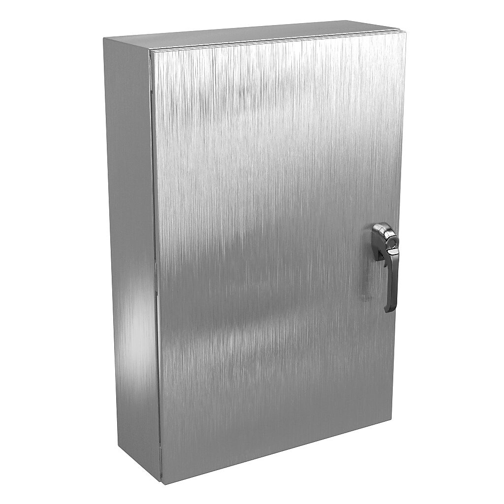 N412362408SS3PTC - Wiegmann Ultimate series enclosure, NEMA 4X/12/13, 36 x 24 x 8in (HxWxD), wall mount, 304 stainless steel, No. 3 intermediate polished finish, single-door, 3-point 316L padlocking handle, handle hasp.
