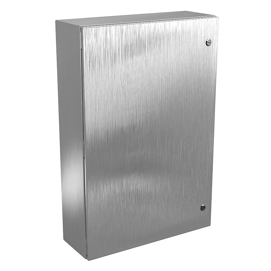 N412362408SSC - Wiegmann Ultimate series enclosure, NEMA 4/4X/12/13, 36 x 24 x 8in (HxWxD), wall mount, 304 stainless steel, No. 3 intermediate polished finish, single-door, 1/4-turn semi-flush oil-tight latch.