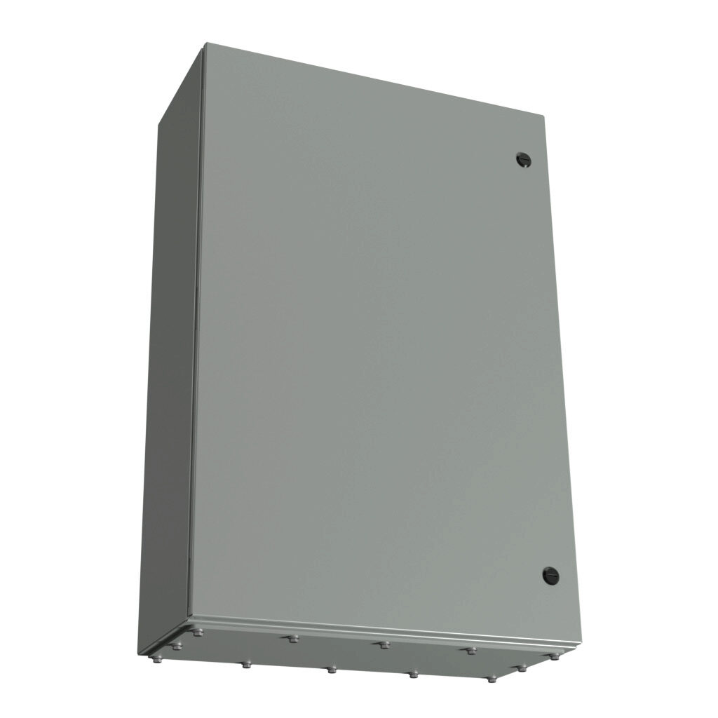 N412362410CGP - Wiegmann Ultimate series enclosure, NEMA 3R/4/12/13, 36 x 24 x 10in (HxWxD), wall mount, bottom gland plate, carbon steel, ANSI 61 gray, powder coat finish, single-door, 1/4-turn semi-flush oil-tight latch.