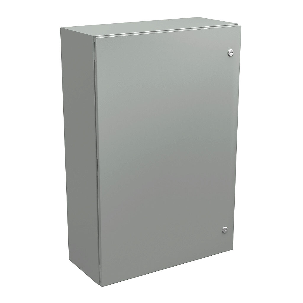 N412362410CLG - Wiegmann Ultimate series enclosure, NEMA 4/12/13, 36 x 24 x 10in (HxWxD), wall mount, carbon steel, RAL 7035 light gray, powder coat finish, single-door, 1/4-turn semi-flush oil-tight latch.