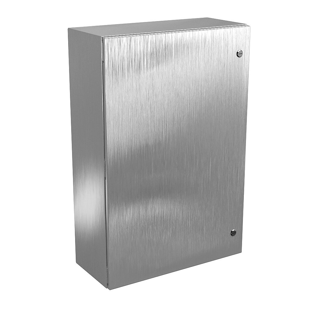 N412362410SSC - Wiegmann Ultimate series enclosure, NEMA 4/4X/12/13, 36 x 24 x 10in (HxWxD), wall mount, 304 stainless steel, No. 3 intermediate polished finish, single-door, 1/4-turn semi-flush oil-tight latch.
