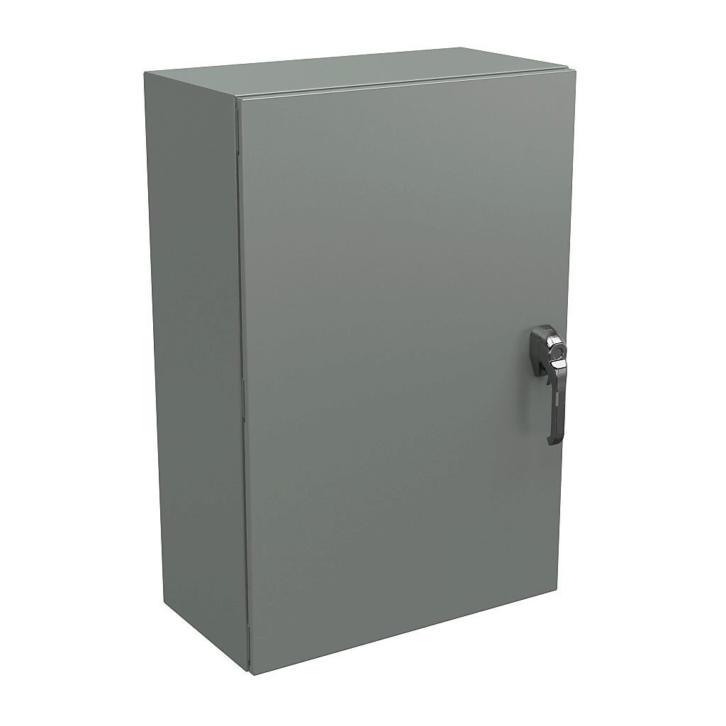 N4123624123PTC - Wiegmann Ultimate series enclosure, NEMA 4/12/13, 36 x 24 x 12in (HxWxD), wall mount, carbon steel, ANSI 61 gray, powder coat finish, single-door, 3-point keylocking/padlocking combo handle, handle hasp.