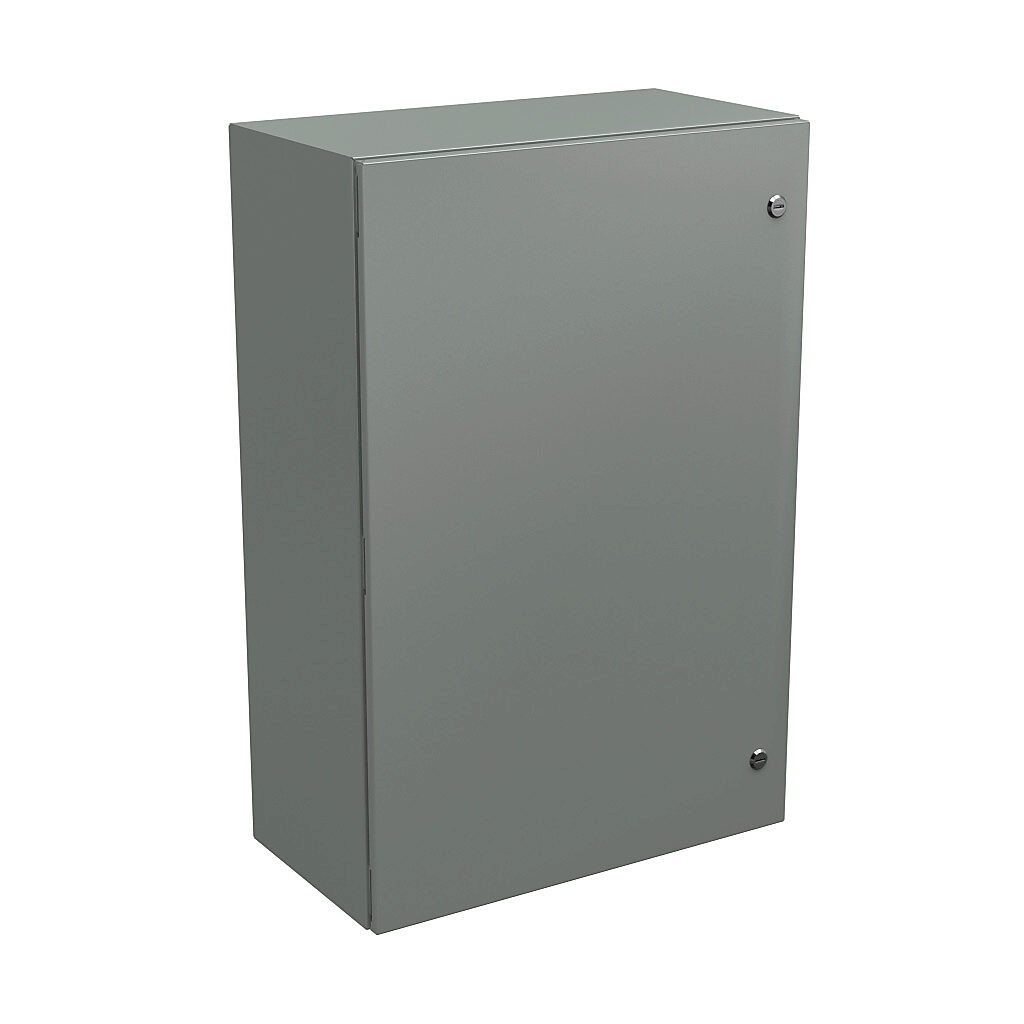 N412362412C - Wiegmann Ultimate series enclosure, NEMA 4/12/13, 36 x 24 x 12in (HxWxD), wall mount, carbon steel, ANSI 61 gray, powder coat finish, single-door, 1/4-turn semi-flush oil-tight latch.