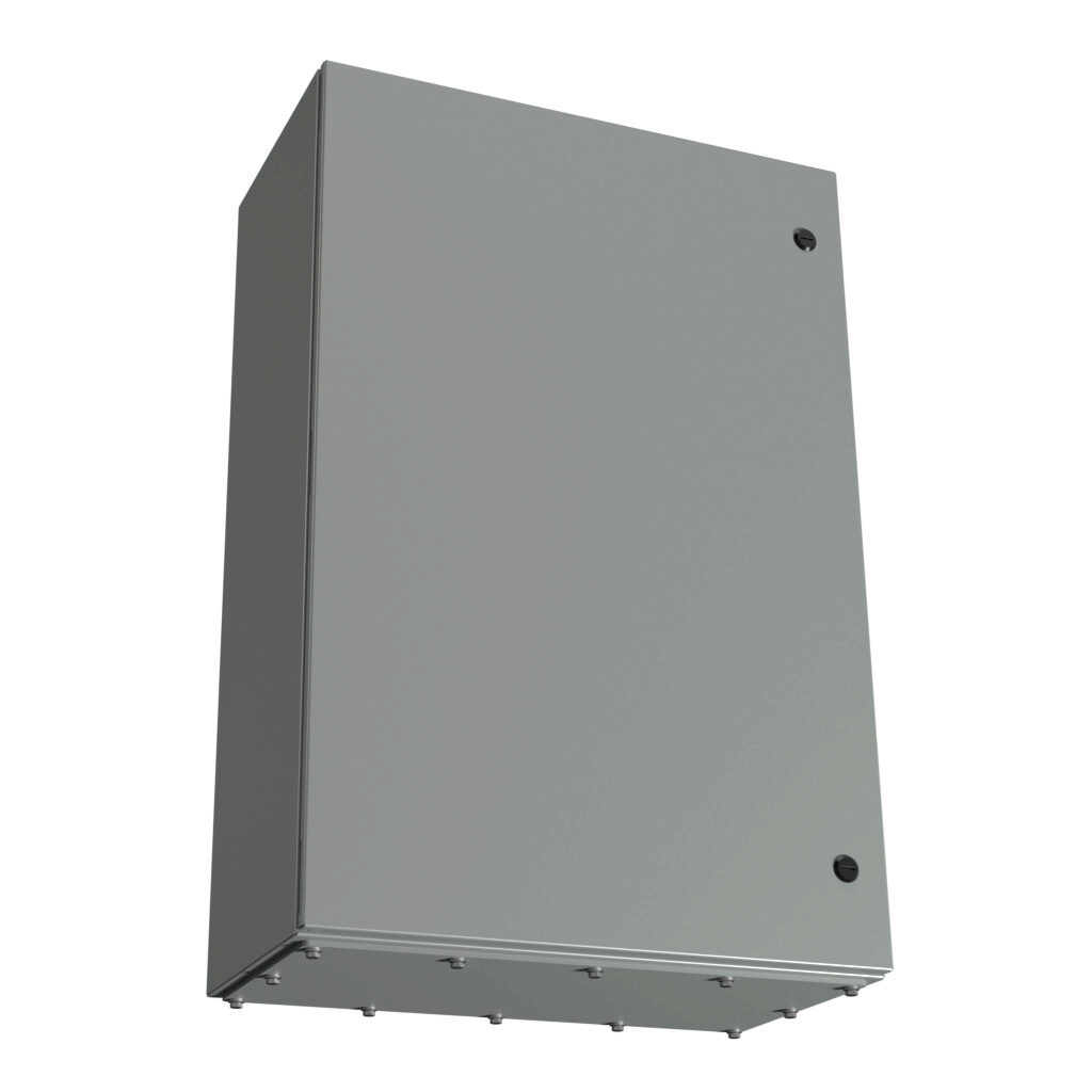 N412362412CGP - Wiegmann Ultimate series enclosure, NEMA 3R/4/12/13, 36 x 24 x 12in (HxWxD), wall mount, bottom gland plate, carbon steel, ANSI 61 gray, powder coat finish, single-door, 1/4-turn semi-flush oil-tight latch.