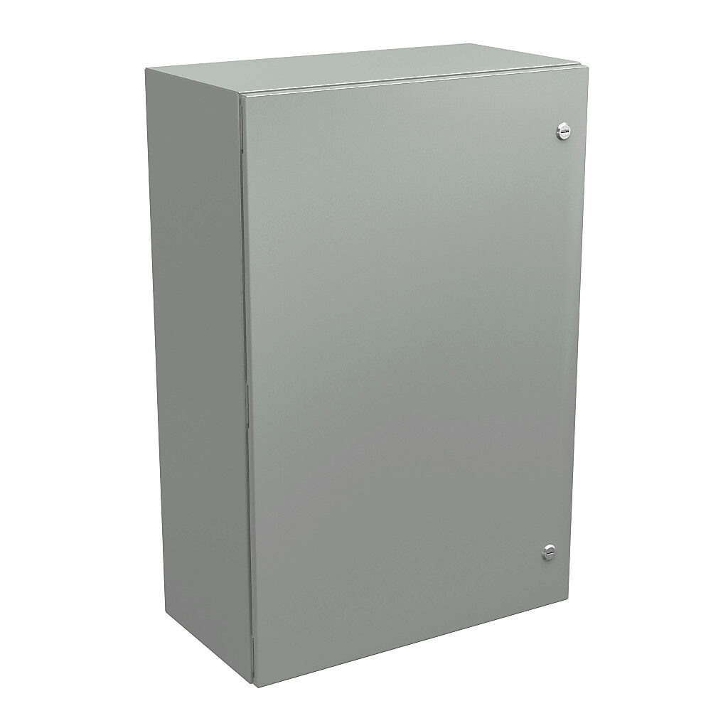 N412362412CLG - Wiegmann Ultimate series enclosure, NEMA 4/12/13, 36 x 24 x 12in (HxWxD), wall mount, carbon steel, RAL 7035 light gray, powder coat finish, single-door, 1/4-turn semi-flush oil-tight latch.