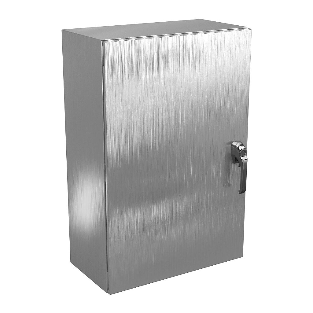 N412362412SS3PTC - Wiegmann Ultimate series enclosure, NEMA 4X/12/13, 36 x 24 x 12in (HxWxD), wall mount, 304 stainless steel, No. 3 intermediate polished finish, single-door, 3-point 316L padlocking handle, handle hasp.