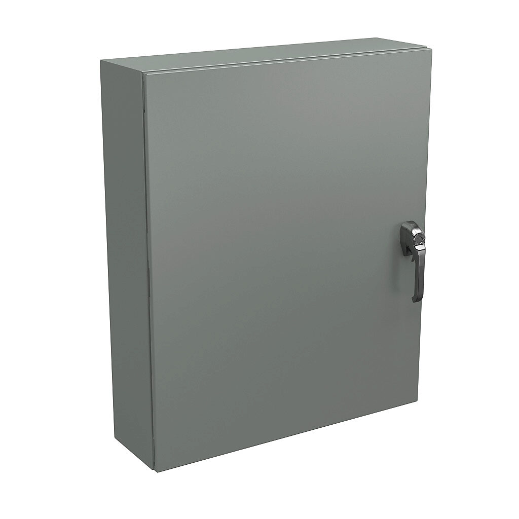 N4123630083PTC - Wiegmann Ultimate series enclosure, NEMA 4/12/13, 36 x 30 x 8in (HxWxD), wall mount, carbon steel, ANSI 61 gray, powder coat finish, single-door, 3-point keylocking/padlocking combo handle, handle hasp.