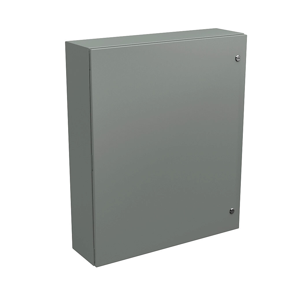 N412363008C - Wiegmann Ultimate series enclosure, NEMA 4/12/13, 36 x 30 x 8in (HxWxD), wall mount, carbon steel, ANSI 61 gray, powder coat finish, single-door, 1/4-turn semi-flush oil-tight latch.
