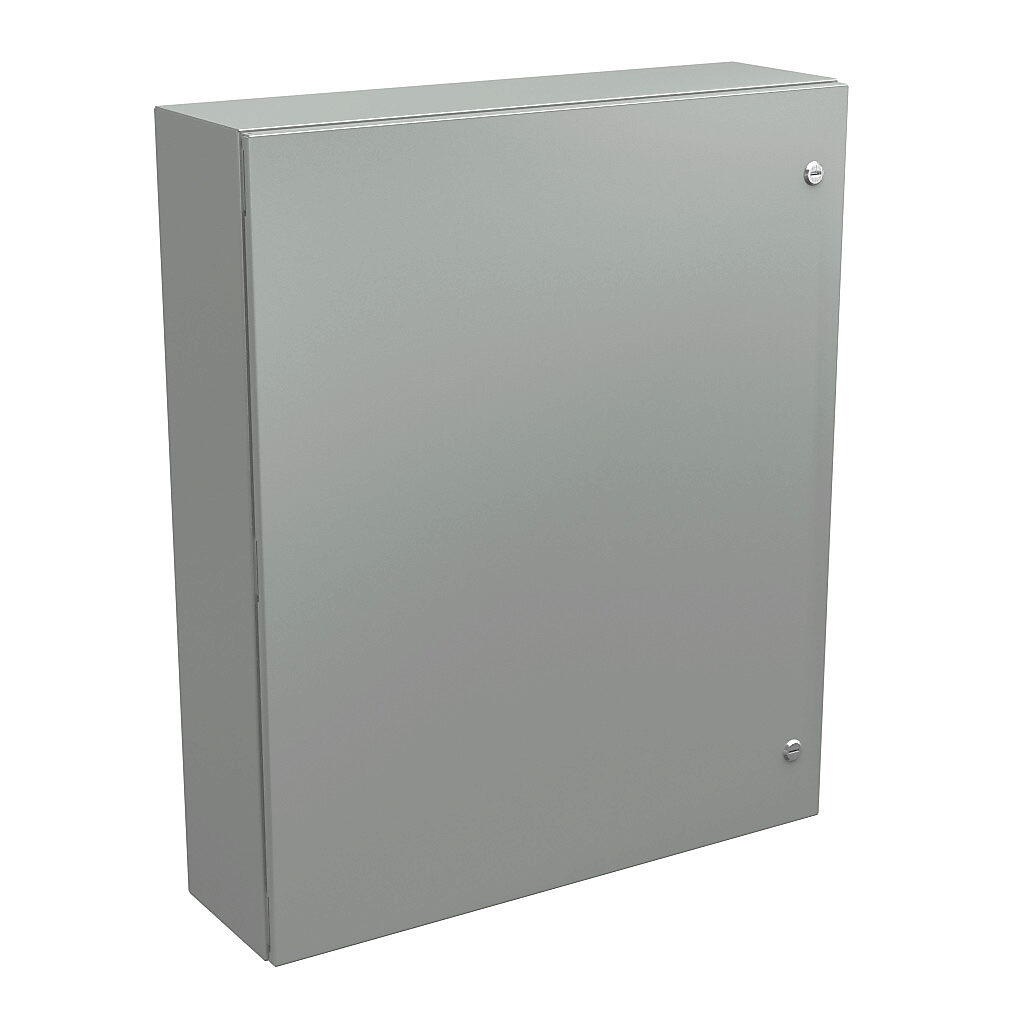 N412363008CLG - Wiegmann Ultimate series enclosure, NEMA 4/12/13, 36 x 30 x 8in (HxWxD), wall mount, carbon steel, RAL 7035 light gray, powder coat finish, single-door, 1/4-turn semi-flush oil-tight latch.