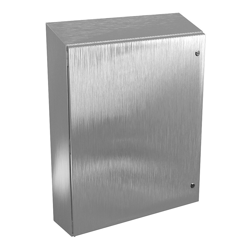 N412363008CSSST - Wiegmann Ultimate series enclosure, slope top, NEMA 4/4X/12/13, 36 x 30 x 8in (HxWxD), wall mount, 304 stainless steel, No. 3 intermediate polished finish, single-door, 1/4-turn semi-flush oil-tight latch.
