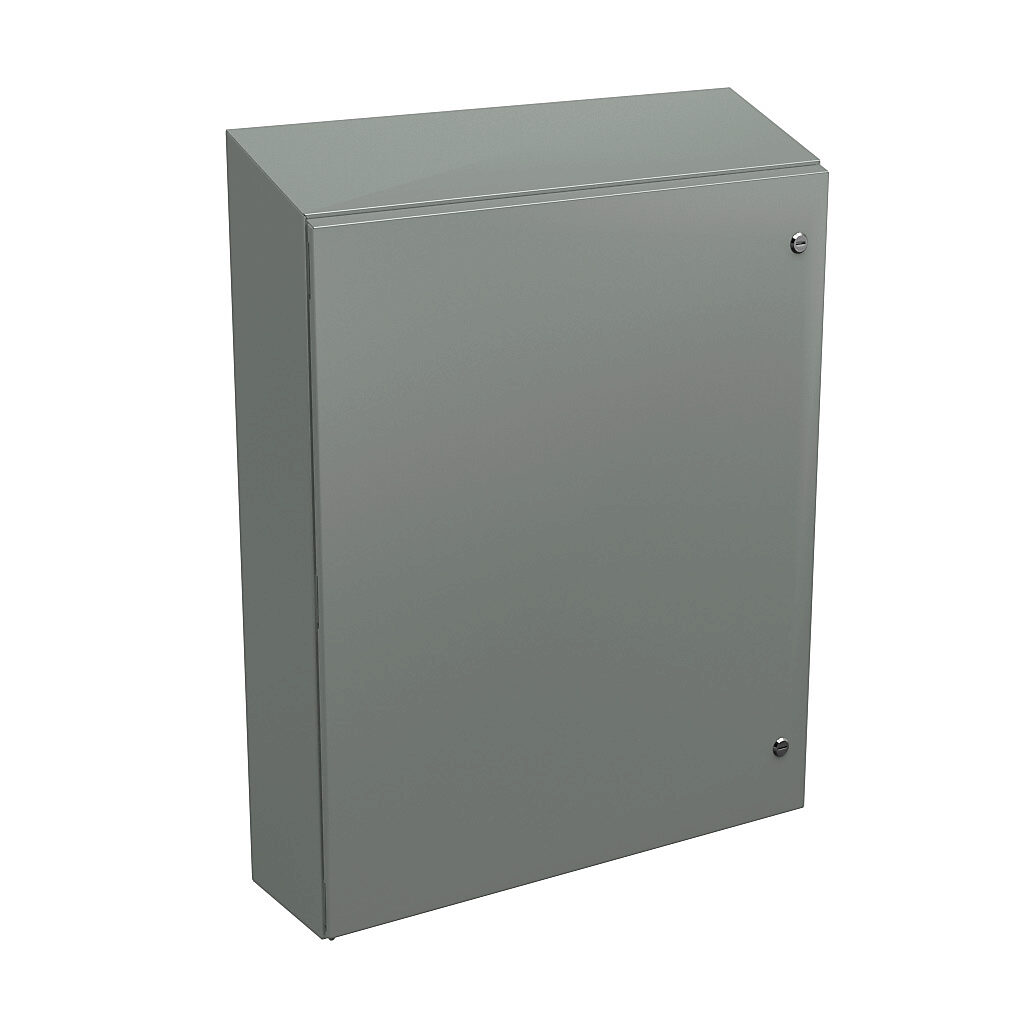 N412363008CST - Wiegmann Ultimate series enclosure, slope top, NEMA 4/12/13, 36 x 30 x 8in (HxWxD), wall mount, carbon steel, ANSI 61 gray, powder coat finish, single-door, 1/4-turn semi-flush oil-tight latch.
