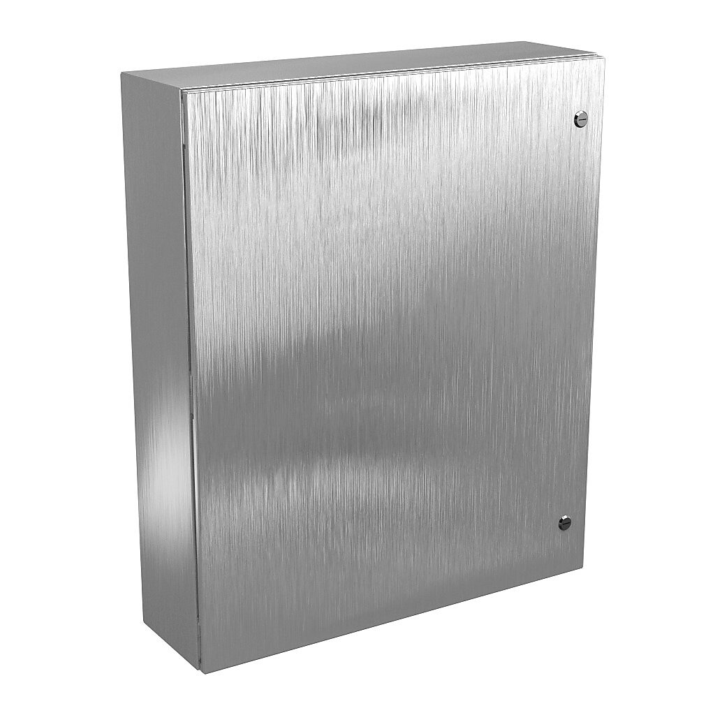 N412363008SSC - Wiegmann Ultimate series enclosure, NEMA 4/4X/12/13, 36 x 30 x 8in (HxWxD), wall mount, 304 stainless steel, No. 3 intermediate polished finish, single-door, 1/4-turn semi-flush oil-tight latch.