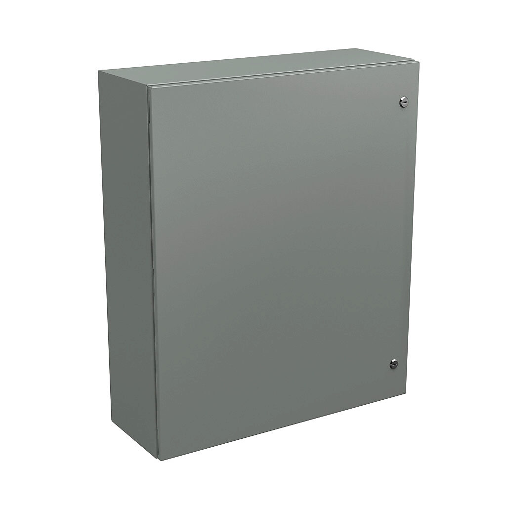 N412363010C - Wiegmann Ultimate series enclosure, NEMA 4/12/13, 36 x 30 x 10in (HxWxD), wall mount, carbon steel, ANSI 61 gray, powder coat finish, single-door, 1/4-turn semi-flush oil-tight latch.
